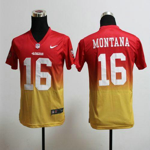 Nike 49ers #16 Joe Montana Red Gold Youth Stitched NFL Elite Fadeaway Fashion Jersey