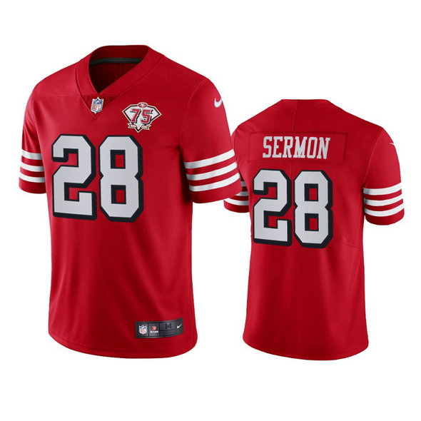 Nike 49ers #28 Trey Sermon Red Rush Men's 75th Anniversary Stitched NFL Vapor Untouchable Limited Jersey