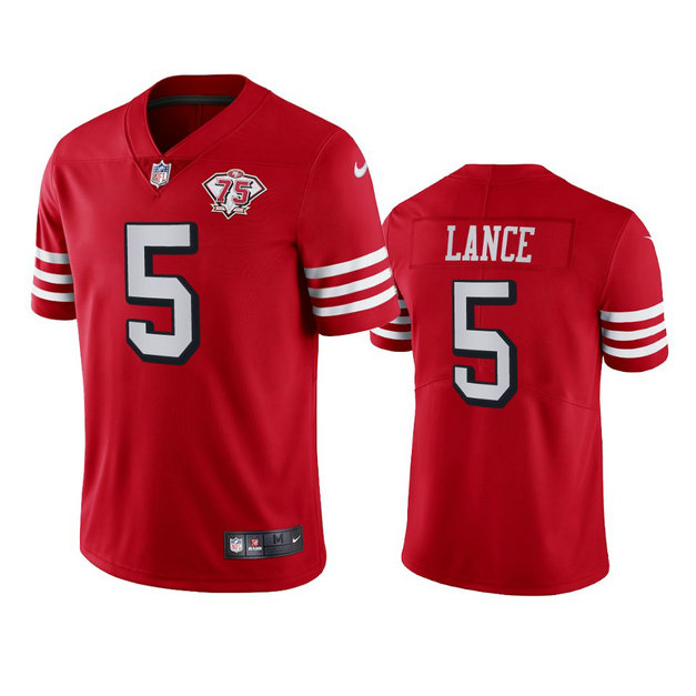Nike 49ers #5 Trey Lance Red Rush Men's 75th Anniversary Stitched NFL Vapor Untouchable Limited Jersey
