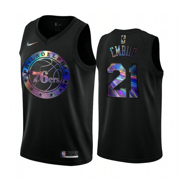 Nike 76ers #21 Joel Embiid Men's Iridescent Holographic Collection NBA Jersey - Black