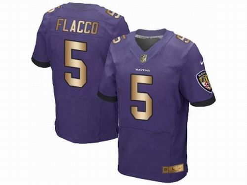Nike Baltimore Ravens #5 Joe Flacco Purple Elite Gold Jersey