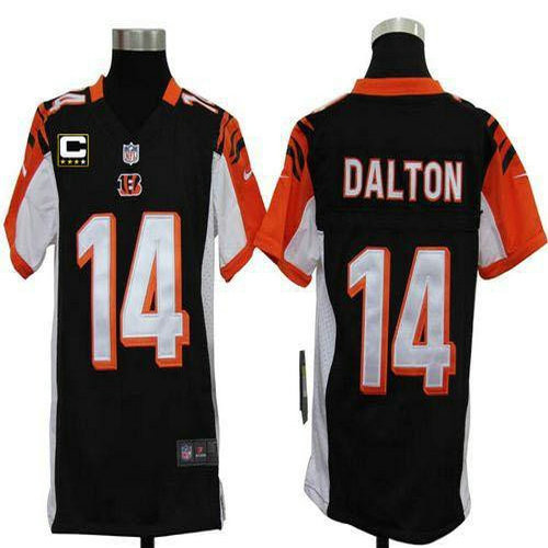 Nike Bengals #14 Andy Dalton Black Team Color With C Patch Youth Stitched NFL Elite Jersey