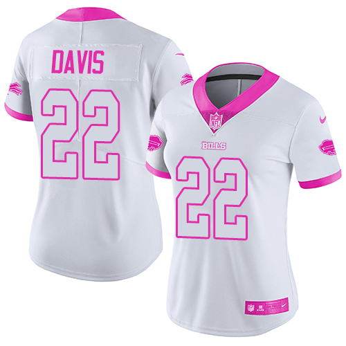 Nike Bills #22 Vontae Davis White Pink Women's Stitched NFL Limited Rush Fashion Jersey