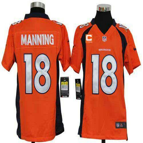Nike Broncos #18 Peyton Manning Orange Team Color With C Patch Youth Stitched NFL Elite Jersey