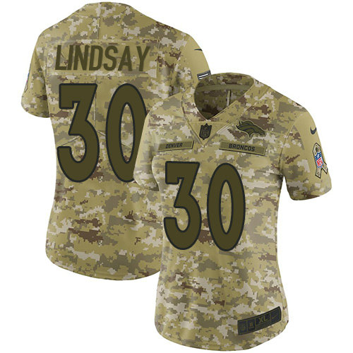 Nike Broncos #30 Phillip Lindsay Camo Women's Stitched NFL Limited 2018 Salute to Service Jersey