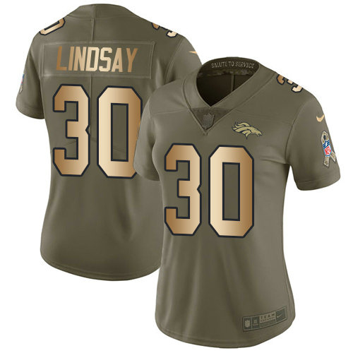 Nike Broncos #30 Phillip Lindsay Olive Gold Women's Stitched NFL Limited 2017 Salute to Service Jersey