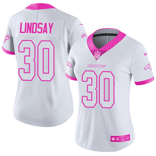 Nike Broncos #30 Phillip Lindsay White Pink Women's Stitched NFL Limited Rush Fashion Jersey