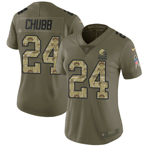 Nike Browns #24 Nick Chubb Olive Camo Women's Stitched NFL Limited 2017 Salute to Service Jersey