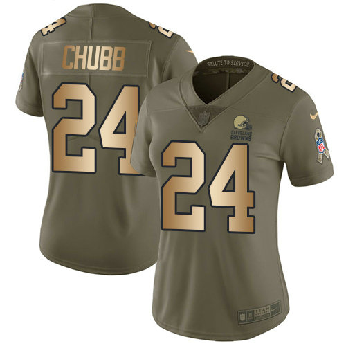 Nike Browns #24 Nick Chubb Olive Gold Women's Stitched NFL Limited 2017 Salute to Service Jersey