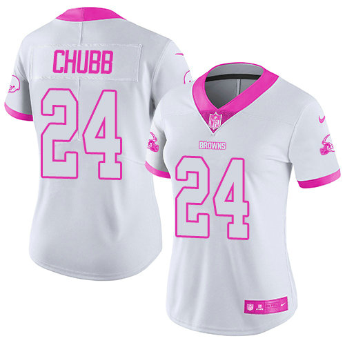Nike Browns #24 Nick Chubb White Pink Women's Stitched NFL Limited Rush Fashion Jersey
