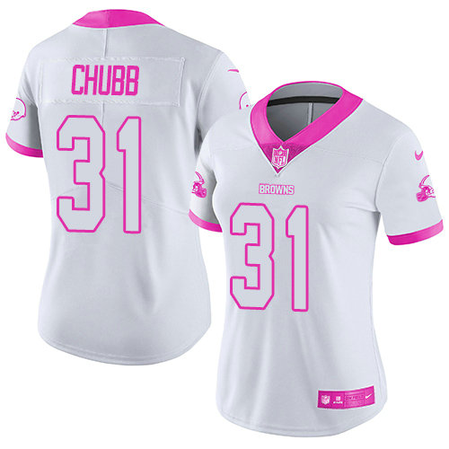 Nike Browns #31 Nick Chubb White Pink Women's Stitched NFL Limited Rush Fashion Jersey