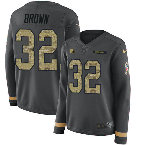 Nike Browns #32 Jim Brown Anthracite Salute to Service Women's Stitched