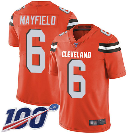 Nike Browns #6 Baker Mayfield Orange Alternate Men's Stitched Football 100th Season Vapor Limited Jersey