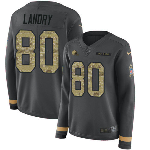 Nike Browns #80 Jarvis Landry Anthracite Salute to Service Women's Stitched