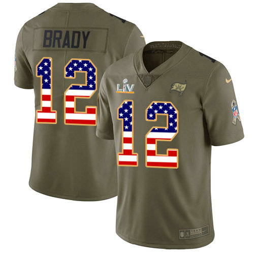 Nike Buccaneers #12 Tom Brady Olive USA Flag Men's Super Bowl LV Bound Stitched NFL Limited 2017 Salute To Service Jersey