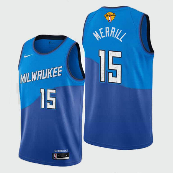 Nike Bucks #15 Sam Merrill Men's 2021 NBA Finals Bound City Edition Jersey Blue