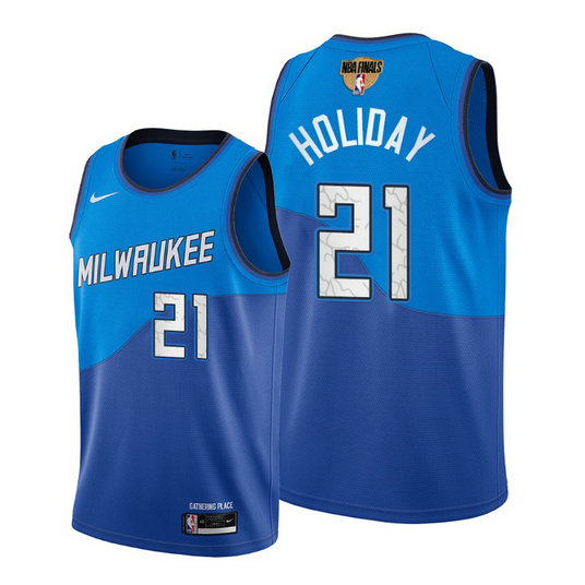 Nike Bucks #21 Jrue Holiday Men's 2021 NBA Finals Bound City Edition Jersey Blue
