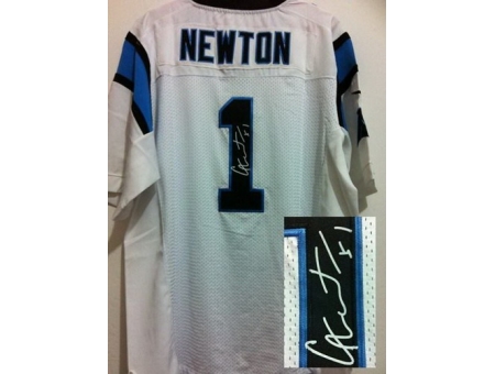 Nike Carolina Panthers 1# Cam Newton White Signed Elite Jerseys