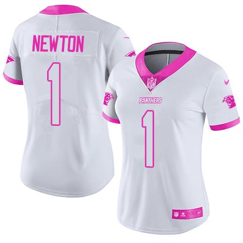 Nike Carolina Panthers 1 Cam Newton White Pink NFL Limited Rush Fashion Jersey