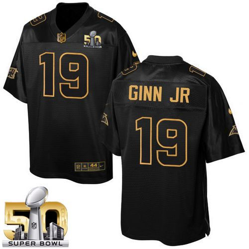 Nike Carolina Panthers 19 Ted Ginn Jr Black Super Bowl 50 NFL Elite Pro Line Gold Collection Jersey
