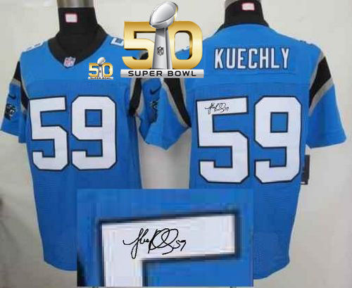 Nike Carolina Panthers 59 Luke Kuechly Blue Alternate Super Bowl 50 NFL Elite Autographed Jersey