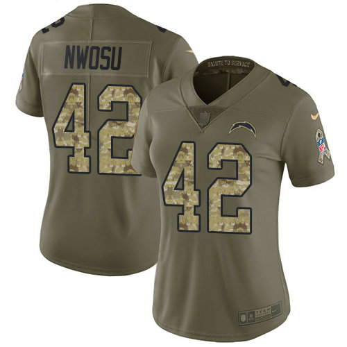Nike Chargers #42 Uchenna Nwosu Olive Camo Women's Stitched NFL Limited 2017 Salute to Service Jersey