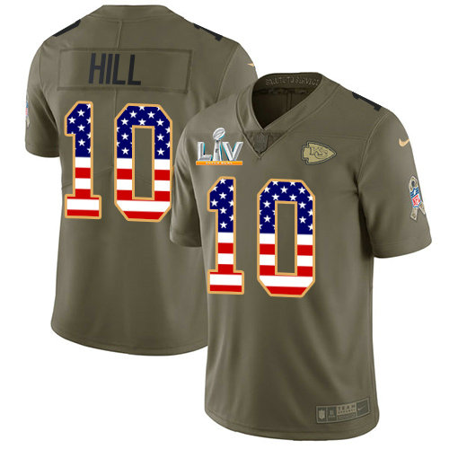 Nike Chiefs #10 Tyreek Hill Olive USA Flag Men's Super Bowl LV Bound Stitched NFL Limited 2017 Salute To Service Jersey