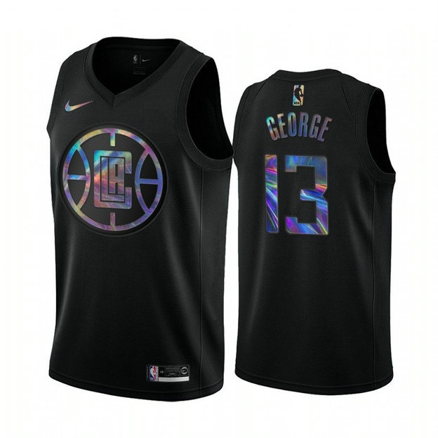 Nike Clippers #13 Paul George Men's Iridescent Holographic Collection NBA Jersey - Black