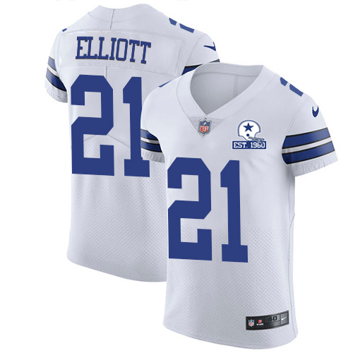 Nike Cowboys #21 Ezekiel Elliott White Men's Stitched With Established In 1960 Patch NFL New Elite Jersey