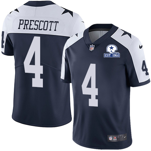 Nike Cowboys #4 Dak Prescott Navy Blue Thanksgiving Men's Stitched With Established In 1960 Patch NFL Vapor Untouchable Limited Throwback Jersey