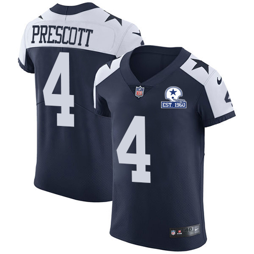 Nike Cowboys #4 Dak Prescott Navy Blue Thanksgiving Men's Stitched With Established In 1960 Patch NFL Vapor Untouchable Throwback Elite Jersey