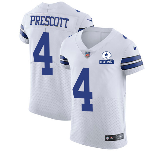 Nike Cowboys #4 Dak Prescott White Men's Stitched With Established In 1960 Patch NFL New Elite Jersey