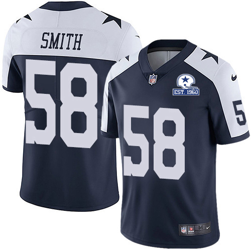 Nike Cowboys #58 Aldon Smith Navy Blue Thanksgiving Men's Stitched With Established In 1960 Patch NFL Vapor Untouchable Limited Throwback Jersey