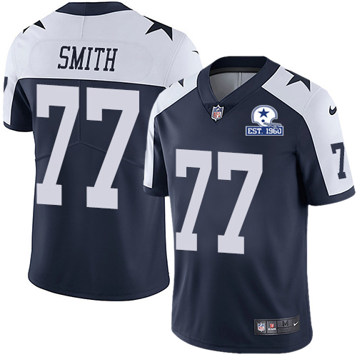 Nike Cowboys #77 Tyron Smith Navy Blue Thanksgiving Men's Stitched With Established In 1960 Patch NFL Vapor Untouchable Limited Throwback Jersey