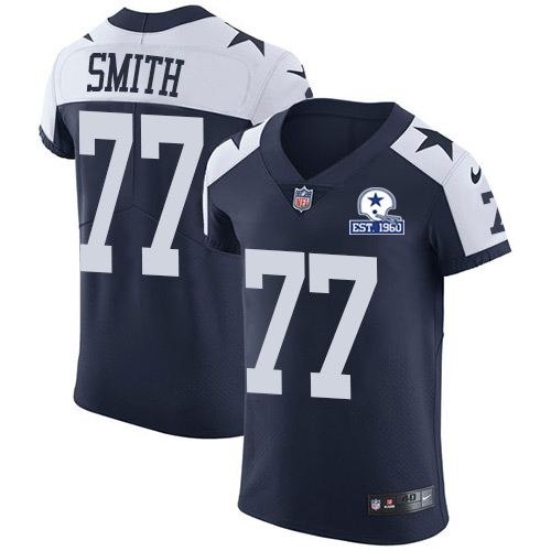 Nike Cowboys #77 Tyron Smith Navy Blue Thanksgiving Men's Stitched With Established In 1960 Patch NFL Vapor Untouchable Throwback Elite Jersey - 副本