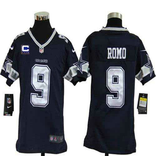Nike Cowboys #9 Tony Romo Navy Blue Team Color With C Patch Youth Stitched NFL Elite Jersey