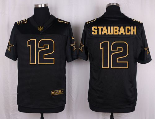 Nike Dallas Cowboys 12 Roger Staubach Black NFL Elite Pro Line Gold Collection Jersey
