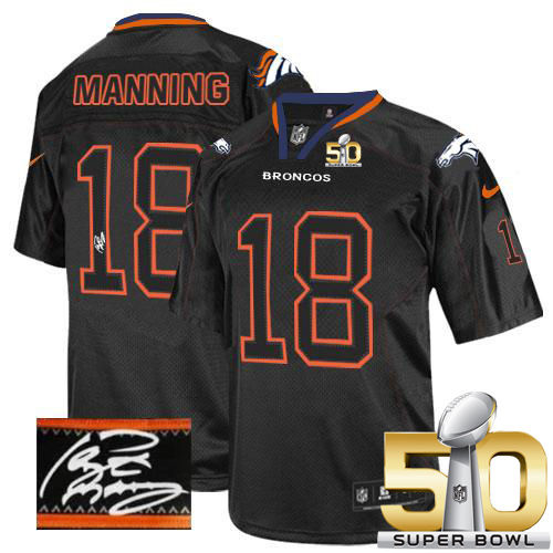 Nike Denver Broncos 18 Peyton Manning Lights Out Black Super Bowl 50 NFL Elite Autographed Jersey