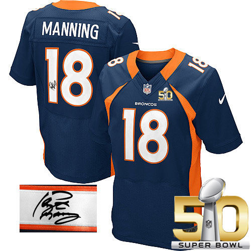 Nike Denver Broncos 18 Peyton Manning Navy Blue Alternate Super Bowl 50 NFL Elite Autographed Jersey