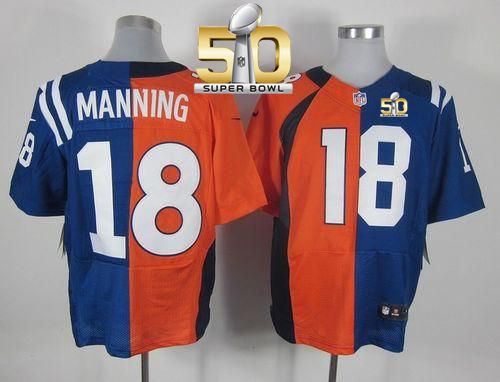 Nike Denver Broncos 18 Peyton Manning Orange Royal Blue Super Bowl 50 NFL Elite Split Colts Jerse