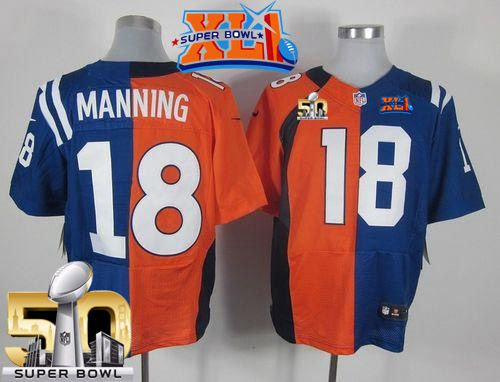 Nike Denver Broncos 18 Peyton Manning Orange Royal Blue Super Bowl XLI & Super Bowl 50 NFL Elite Split Colts Jersey