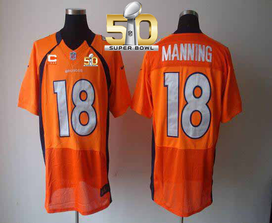 Nike Denver Broncos 18 Peyton Manning Orange Team Color With C Patch Super Bowl 50 NFL Elite Jersey