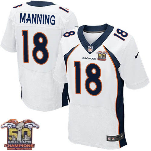 Nike Denver Broncos 18 Peyton Manning White NFL Road Super Bowl 50 Champions Elite Jersey