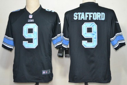 Nike Detroit Lions 9 Matthew Stafford Black With Light Blue Game Jersey