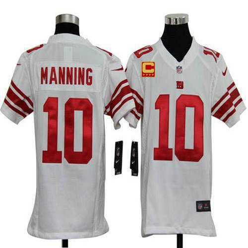 Nike Giants #10 Eli Manning White With C Patch Youth Stitched NFL Elite Jersey