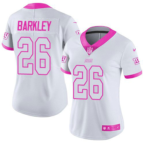 Nike Giants 26 Saquon Barkley White Pink Women Rush Fashion Limited Jersey