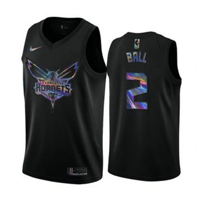 Nike Hornets #2 LaMelo Ball Men's Iridescent Holographic Collection NBA Jersey - Black