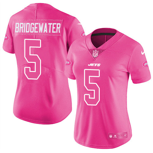 Nike Jets #5 Teddy Bridgewater Pink Women's Stitched NFL Limited Rush Fashion Jersey