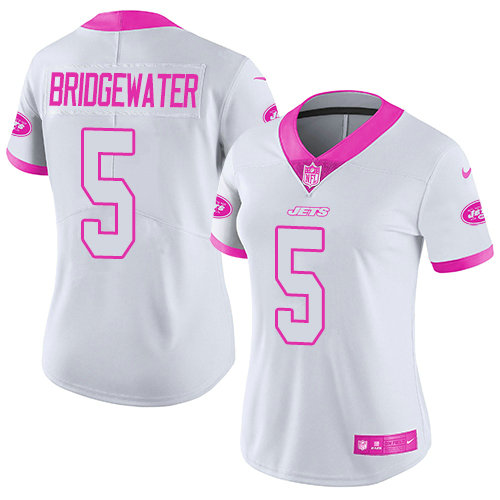 Nike Jets #5 Teddy Bridgewater White Pink Women's Stitched NFL Limited Rush Fashion Jersey