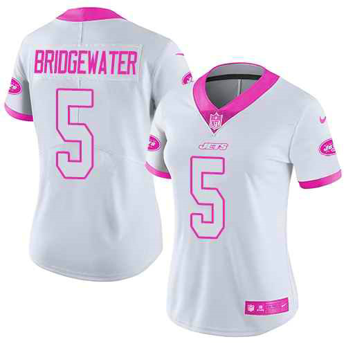 Nike Jets 5 Teddy Bridgewater White Pink Women Rush Fashion Limited Jersey
